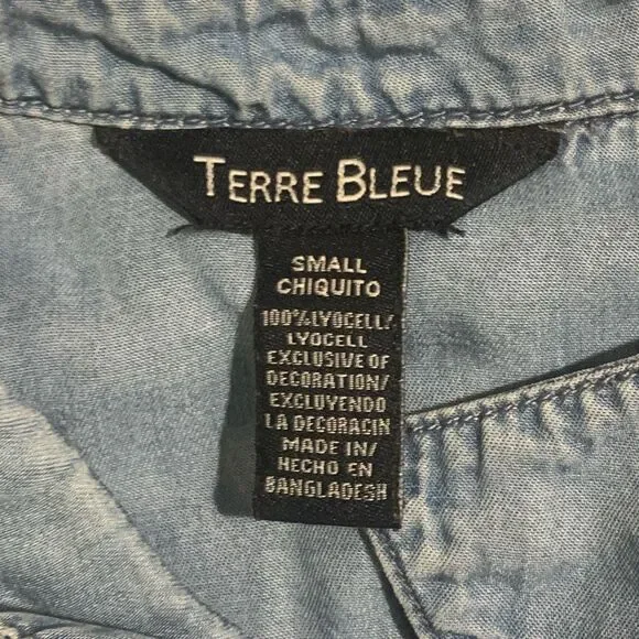 Vintage Terre Bleue Dress Small Tencell Embroidered Blue Collar Button Down Midi - Picture 2 of 6